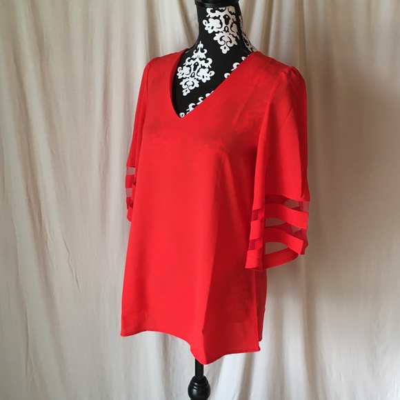 Red Bell Sleeve Tunic Swing Blouse Contrast Mesh Panels on Sleeves, NWOT, Small - Picture 3 of 15